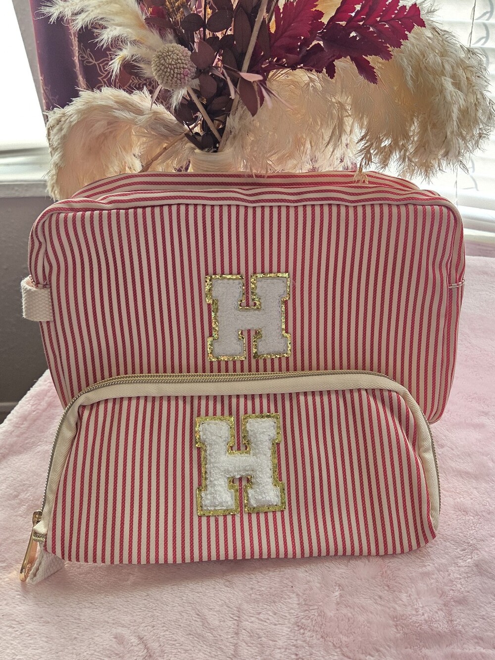 Striped Red and White Cosmetic Pouch Set with Gold Trim H Patch- Free Gifts